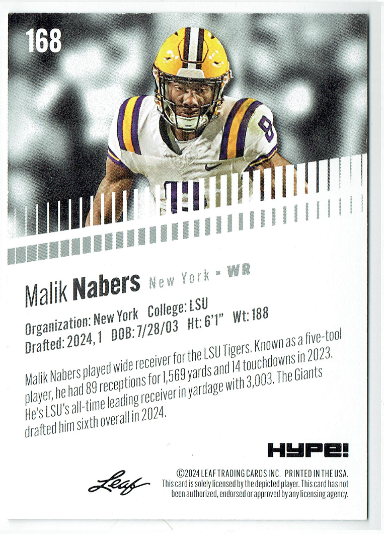 Mint Malik Nabers 2024 Leaf HYPE! #LH-168 Only 5000 Made Rookie Card
