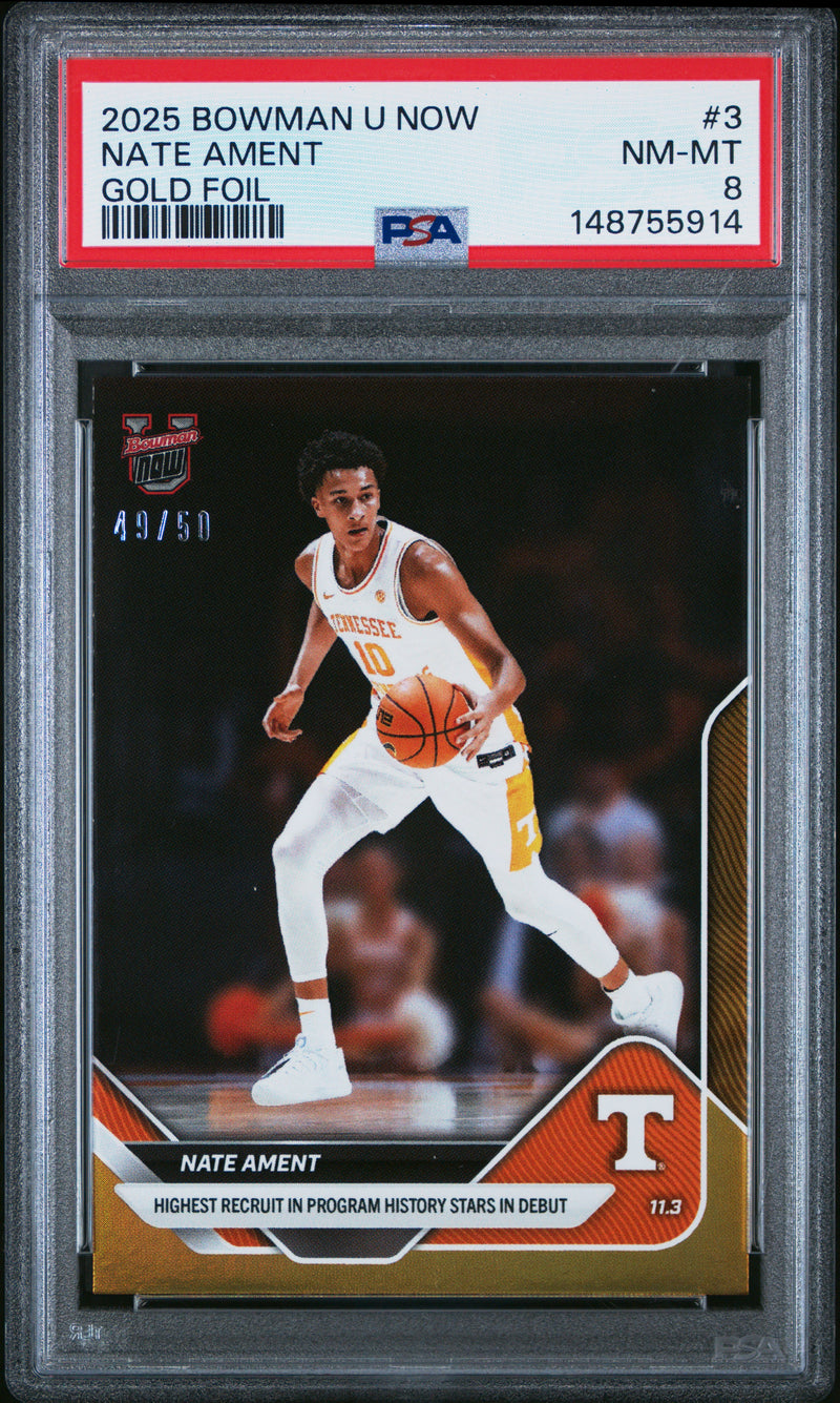PSA 8 Nate Ament 2025 Bowman University Now #3 Gold Foil #49/50 Rookie Card Tennessee