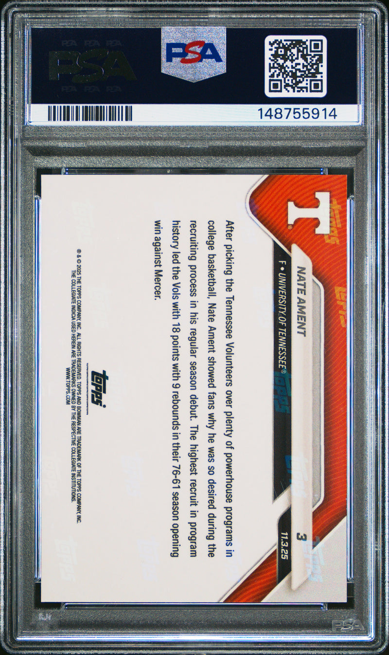 PSA 8 Nate Ament 2025 Bowman University Now #3 Gold Foil #49/50 Rookie Card Tennessee