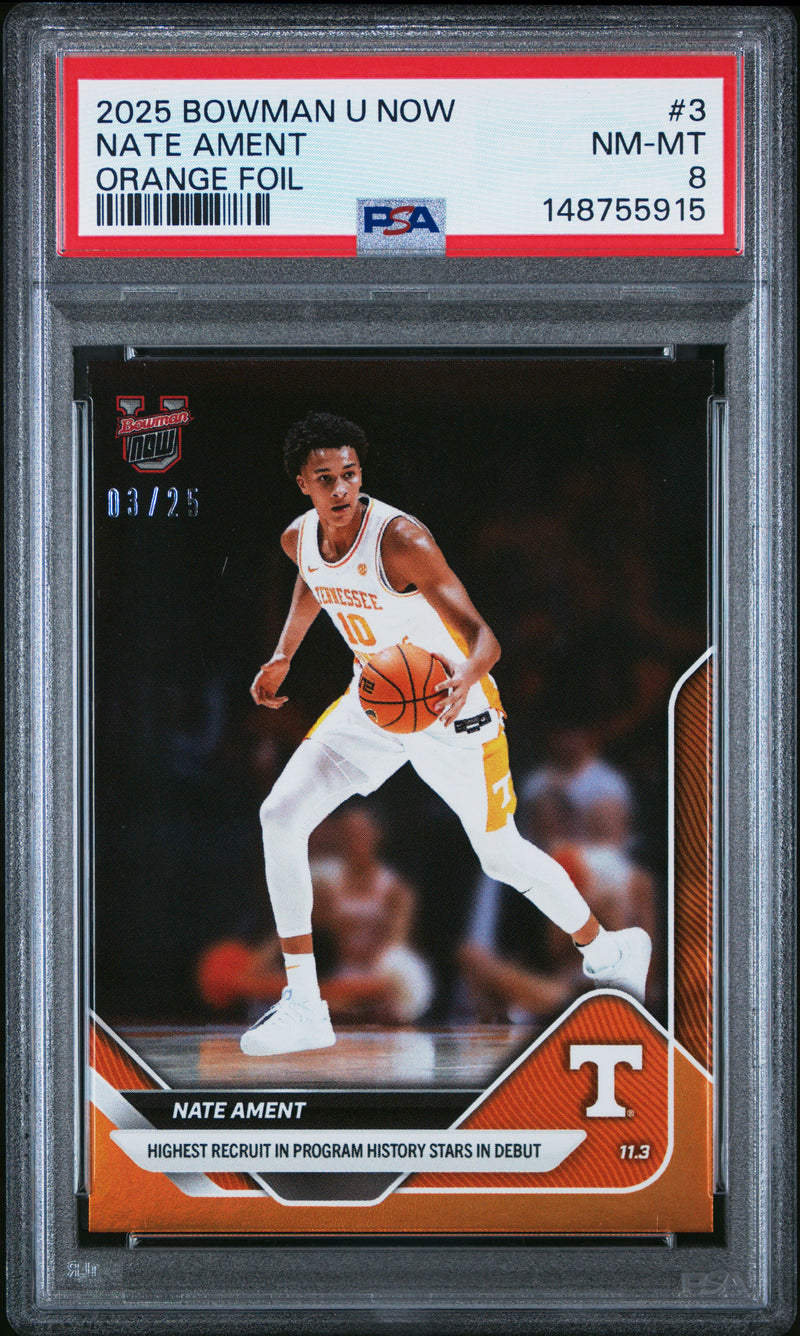 PSA 8 Nate Ament 2025 Bowman University Now #3 Orange Foil #3/25 Rookie Card Tennessee