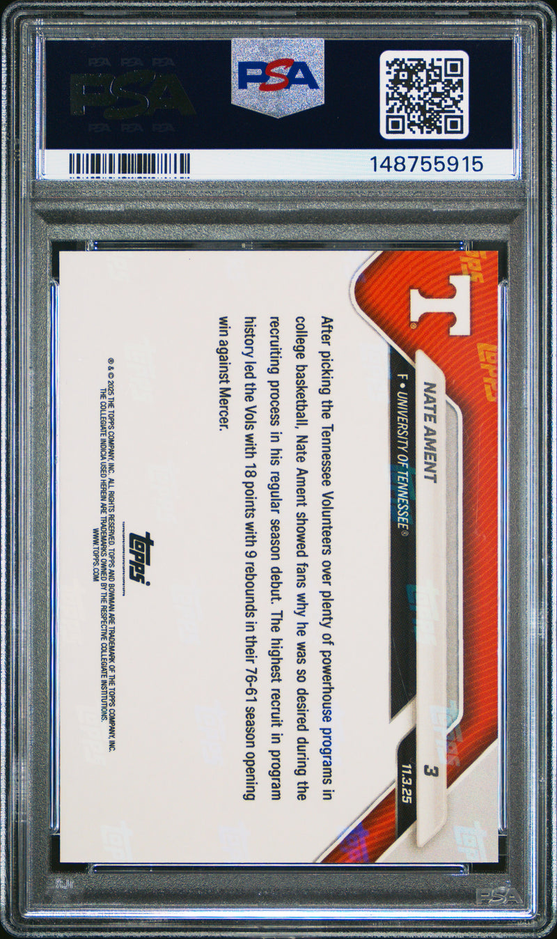 PSA 8 Nate Ament 2025 Bowman University Now #3 Orange Foil #3/25 Rookie Card Tennessee