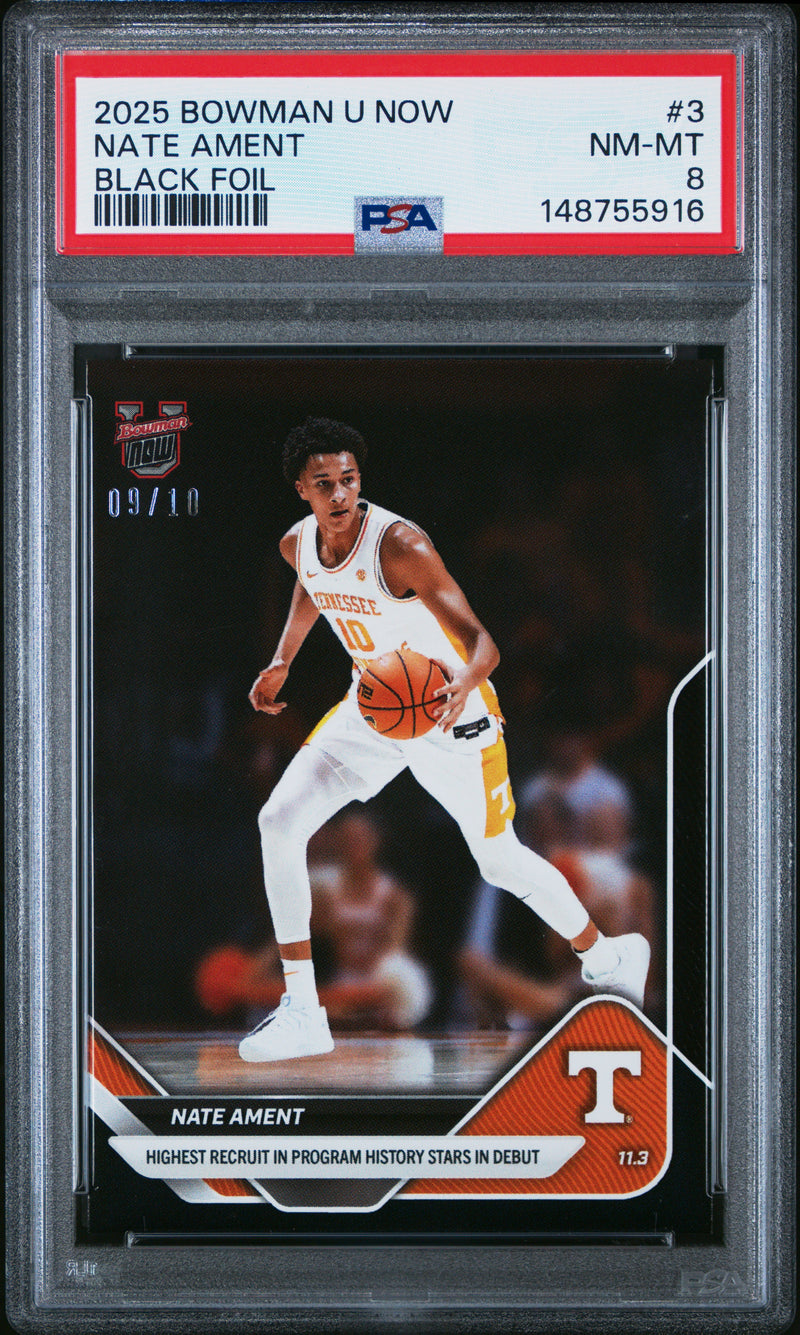 PSA 8 Nate Ament 2025 Bowman University Now #3 Black Foil #9/10 Rookie Card Tennessee