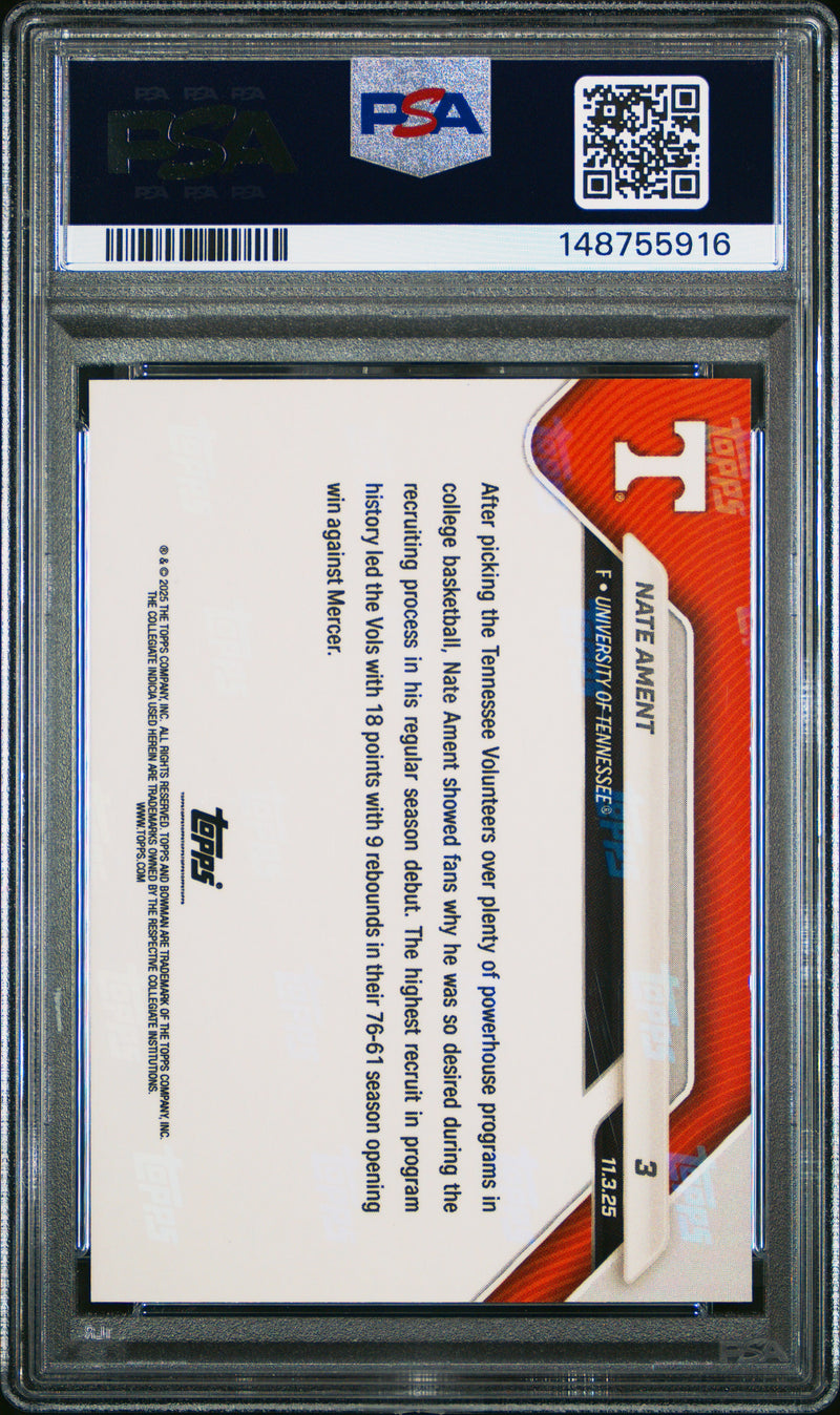 PSA 8 Nate Ament 2025 Bowman University Now #3 Black Foil #9/10 Rookie Card Tennessee