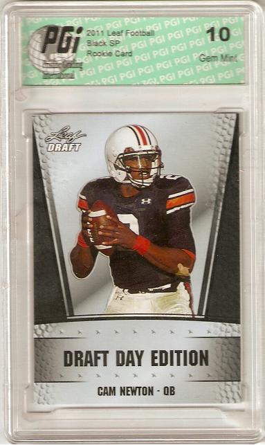 Cam Newton Rookie Card Carolina / New England PGI 10 Gem Mint Football Trading Card 2011 Leaf Draft Day Front Black #Lf23