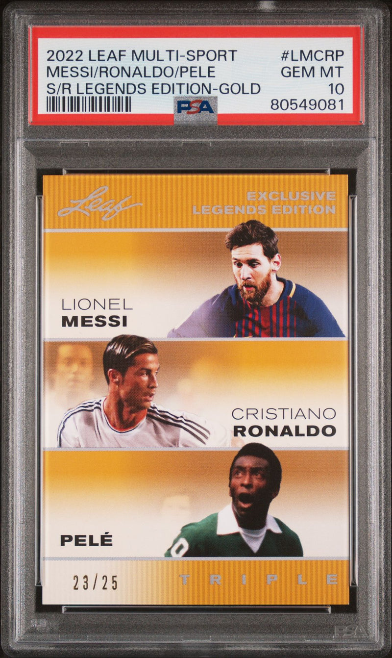 2022 Leaf PSA 10 Pele Lionel Messi Cristiano Ronaldo #LMCRP The Triple Gold #23/25 Rare Trading Card FC Barcelona