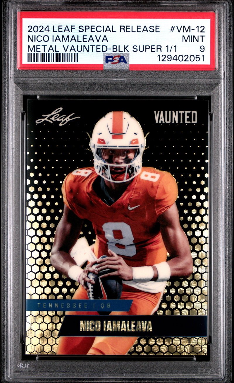 PSA 9 Nico Iamaleava 2024 Leaf Vaunted Metal #VM-12 Black Superprismatic 1/1 Rookie Card Tennessee