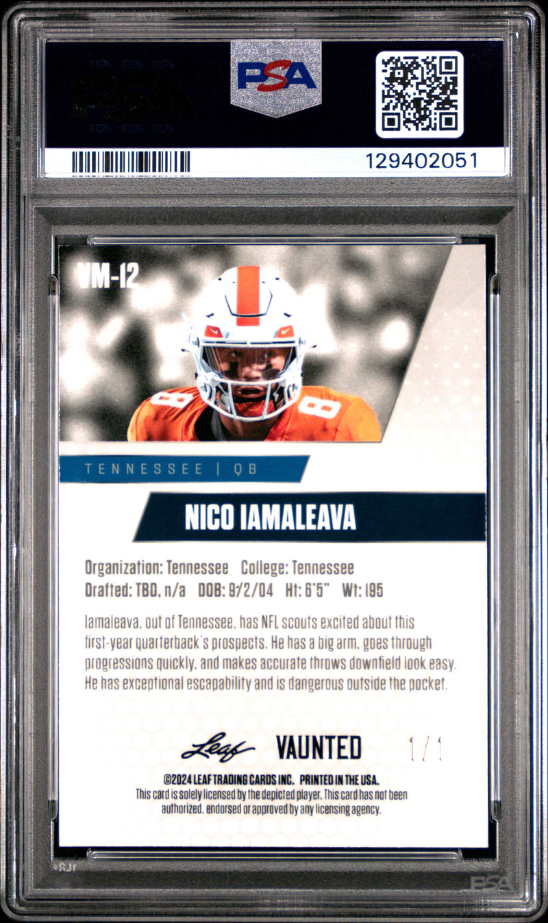 PSA 9 Nico Iamaleava 2024 Leaf Vaunted Metal #VM-12 Black Superprismatic 1/1 Rookie Card Tennessee