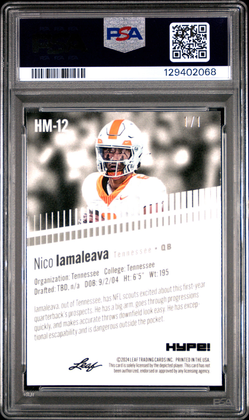 PSA 10 Nico Iamaleava 2024 Leaf HYPE! Metal #HM-12 Black Superprismatic 1/1 Rookie Card Tennessee