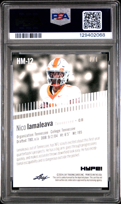PSA 10 Nico Iamaleava 2024 Leaf HYPE! Metal #HM-12 Black Superprismatic 1/1 Rookie Card
