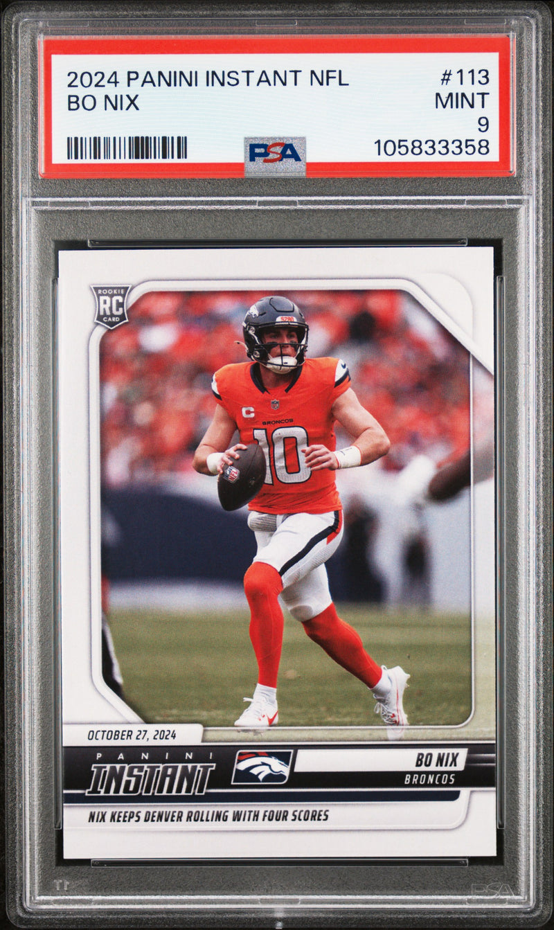 PSA 9 Bo Nix 2024 Panini Instant #113 Rolling w 4 Scores Rookie Card Denver Broncos