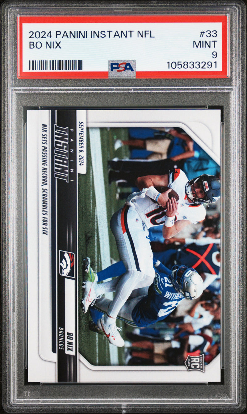 PSA 9 Bo Nix 2024 Panini Instant #33 Scrambles for Six Rookie Card Denver Broncos