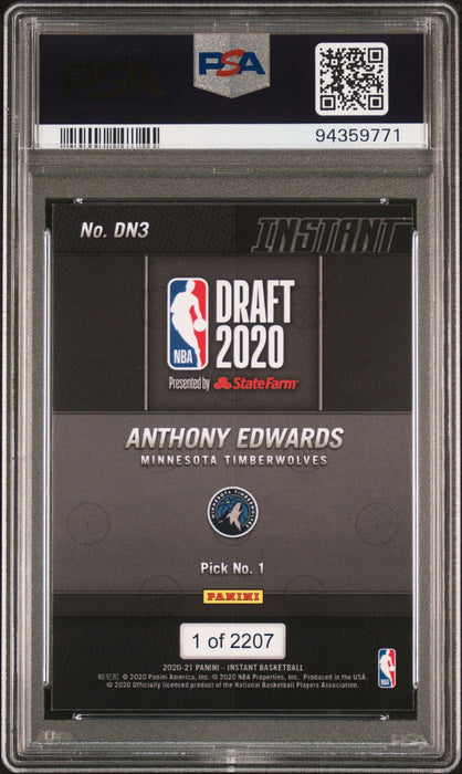 PSA 9 Anthony Edwards 2020 Panini Instant #DN3 Draft Night Rookie Card