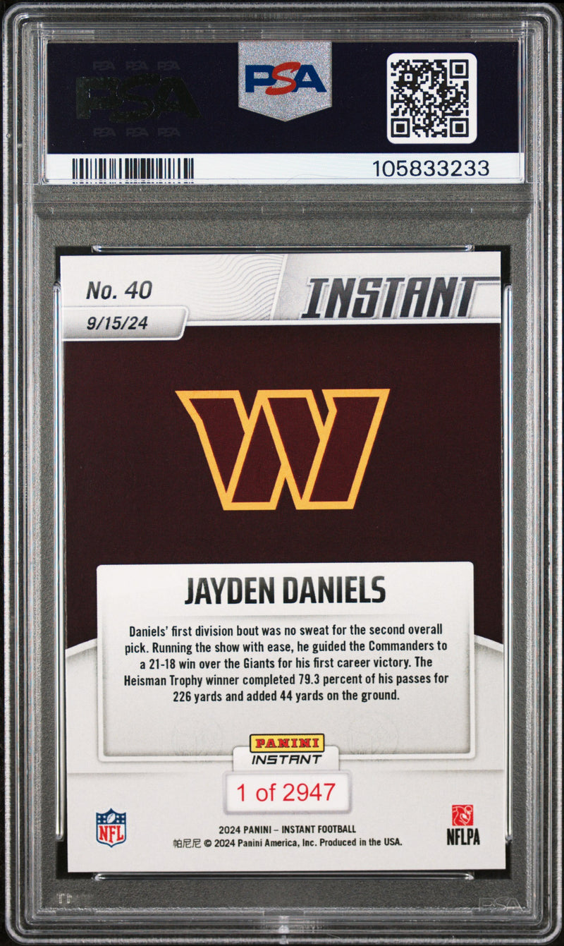 PSA 9 Jayden Daniels 2024 Panini Instant #40 First Career Win Rookie Card Washington Commanders