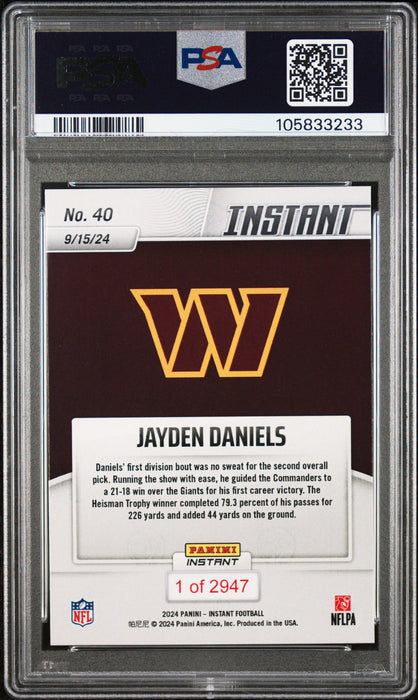 PSA 9 Jayden Daniels 2024 Panini Instant #40 First Career Win Rookie Card