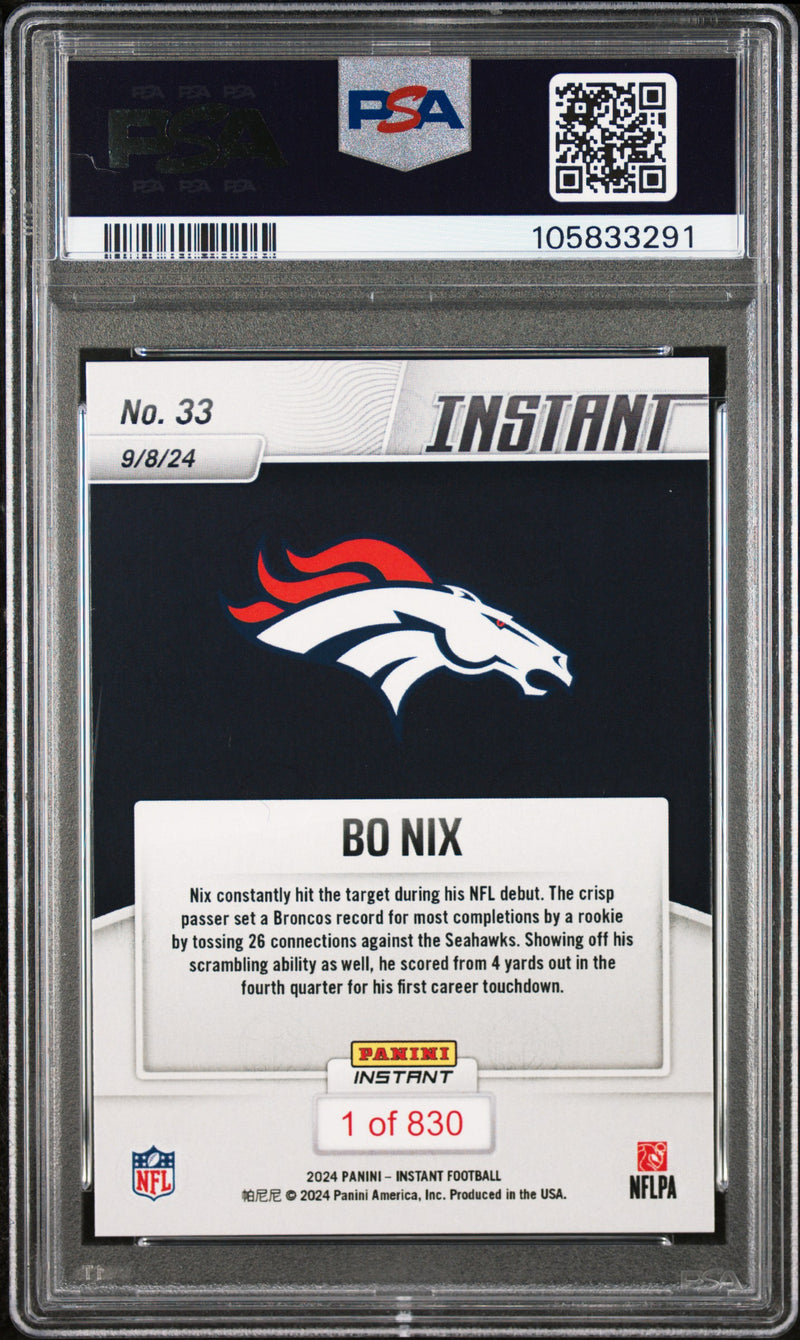 PSA 9 Bo Nix 2024 Panini Instant #33 Scrambles for Six Rookie Card Denver Broncos