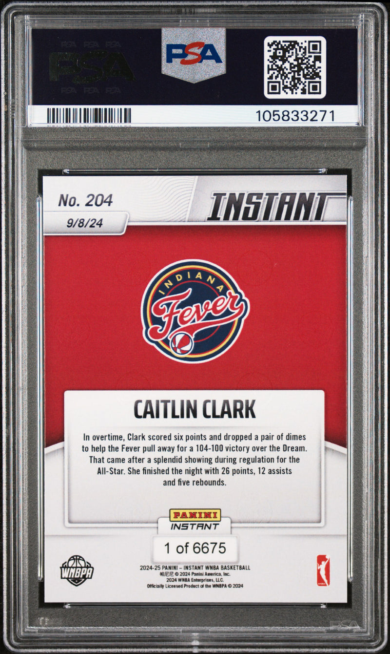 PSA 9 Caitlin Clark 2024 Panini Instant #204 Works Overtime Rookie Card Indiana Fever