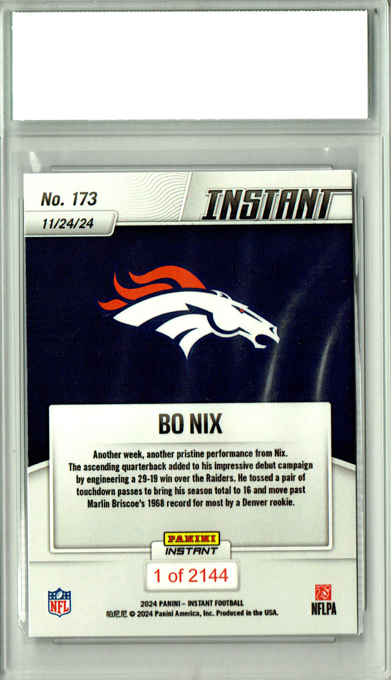 Bo Nix Rookie Card 2024 Panini Instant #173 PRISTINE, PGI 10, Denver Broncos Football