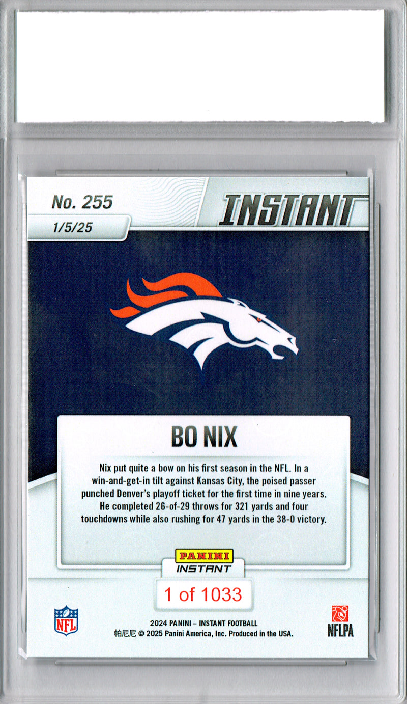 Bo Nix Rookie Card 2024 Panini Instant #255 PRISTINE, PGI 10, Denver Broncos Football