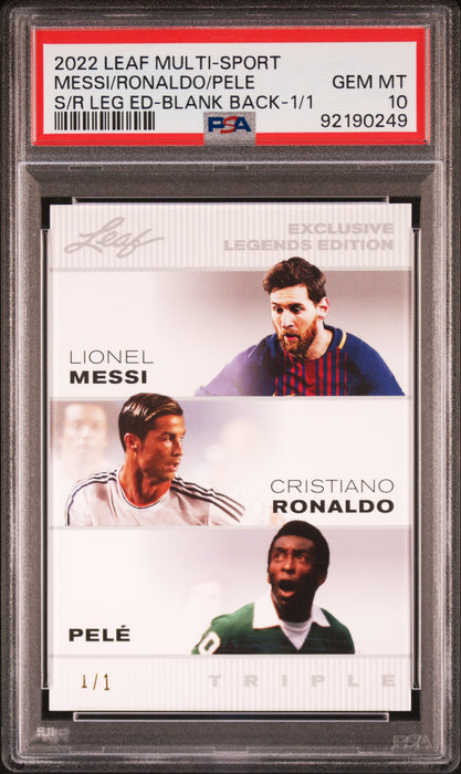 PSA 10 Lionel Messi/Pele/Cristiano Ronaldo 2022 Leaf Triple White Blank Back 1/1