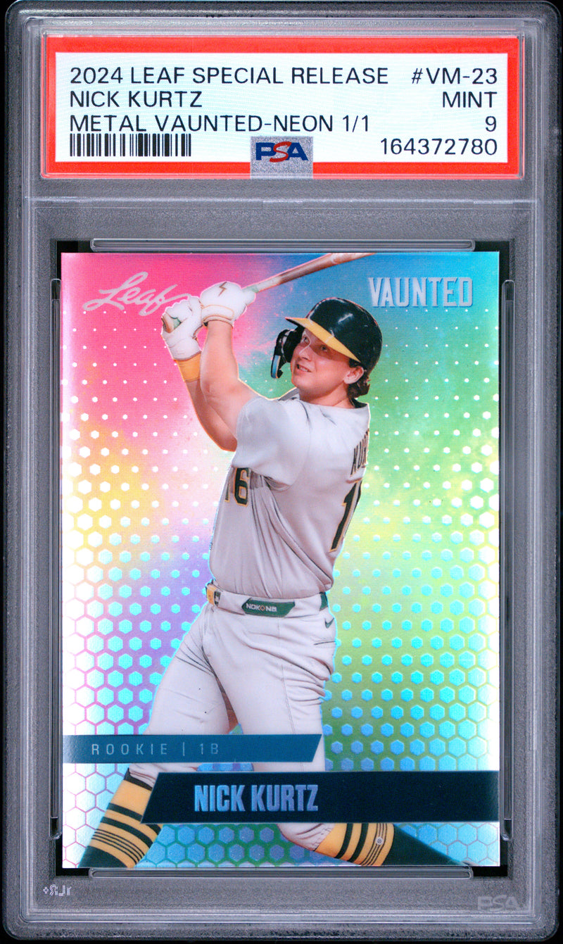 Nick Kurtz Rookie Card 2024 Leaf Vaunted Metal #VM-23 Neon 1/1, PSA 9, Oakland Baseball