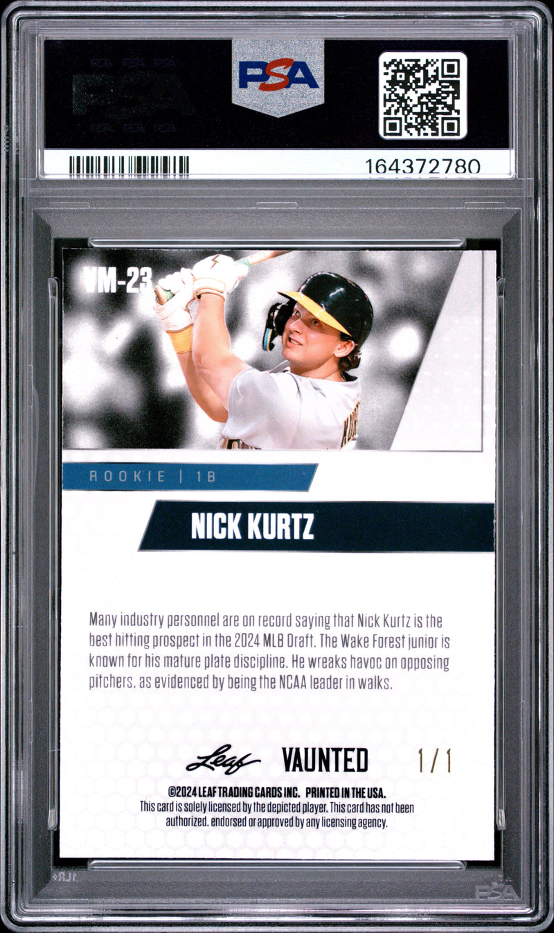 Nick Kurtz Rookie Card 2024 Leaf Vaunted Metal #VM-23 Neon 1/1, PSA 9, Oakland Baseball