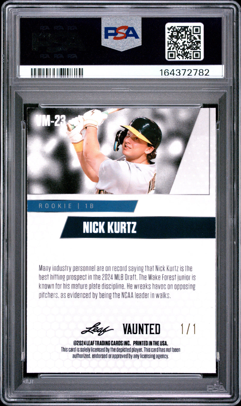 Nick Kurtz Rookie Card 2024 Leaf Vaunted Metal #VM-23 Platinum 1/1, PSA 9, Oakland Baseball