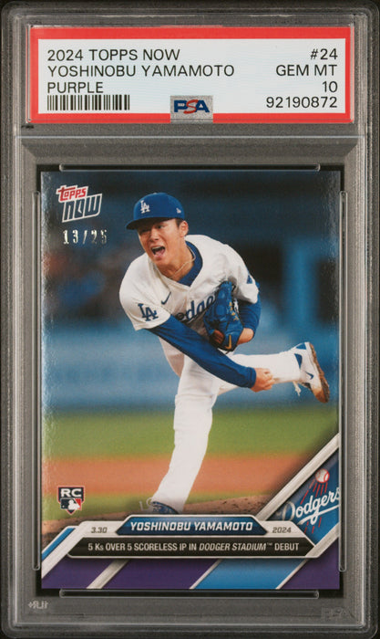 PSA 10 Yoshinobu Yamamoto 2024 Topps Now #24 Purple SP #13/25 Rookie Card