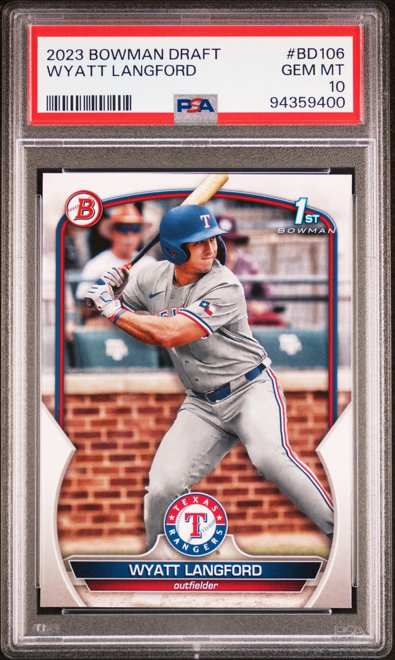 PSA 10 Wyatt Langford 2023 Bowman Draft #BD106 1st Rookie Card Texas Rangers