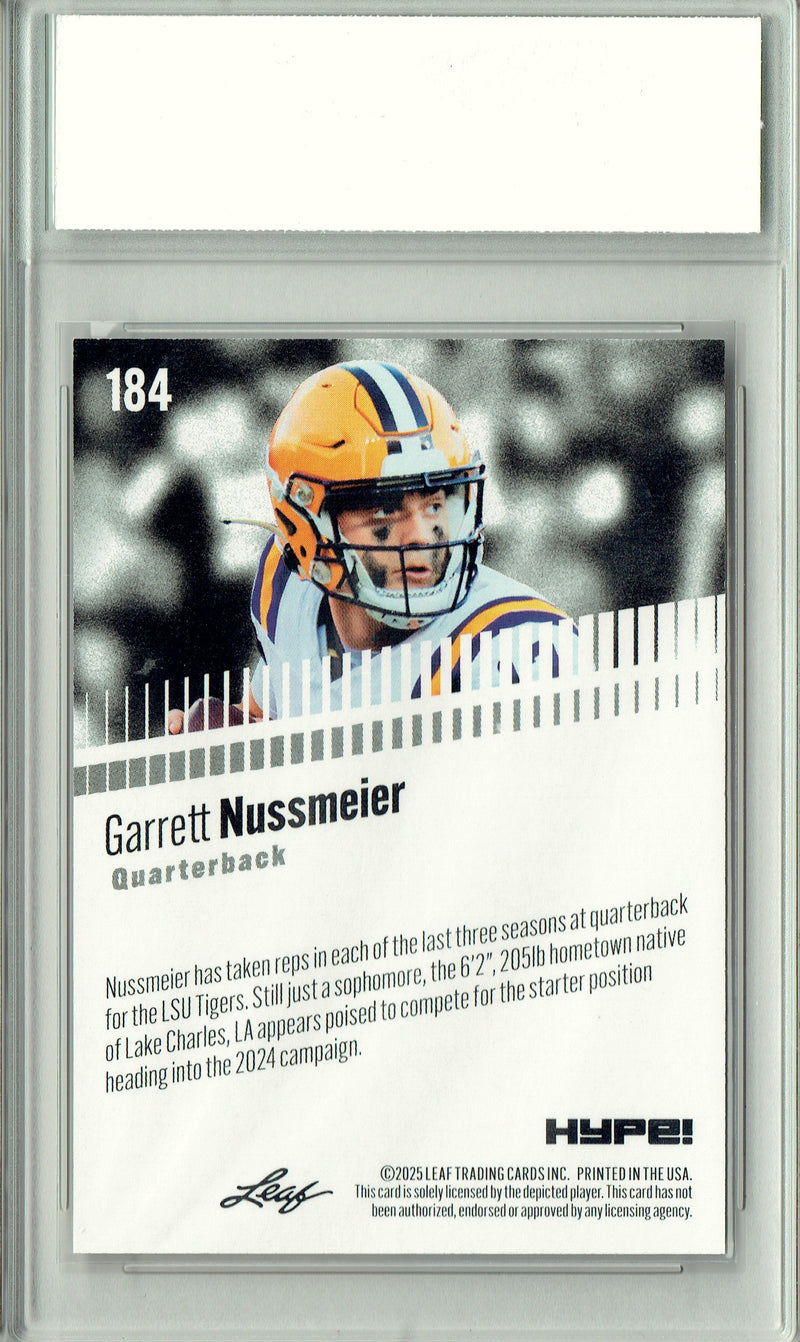Garrett Nussmeier Rookie Card LSU / Kansas City PGI 10 Football Trading Card 2025 Leaf HYPE! #184 Red 5 Made