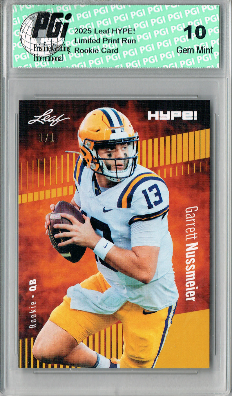 Garrett Nussmeier Rookie Card LSU / Kansas City PGI 10 Football Trading Card 2025 Leaf HYPE! #184 Gold Blank Back 1/1