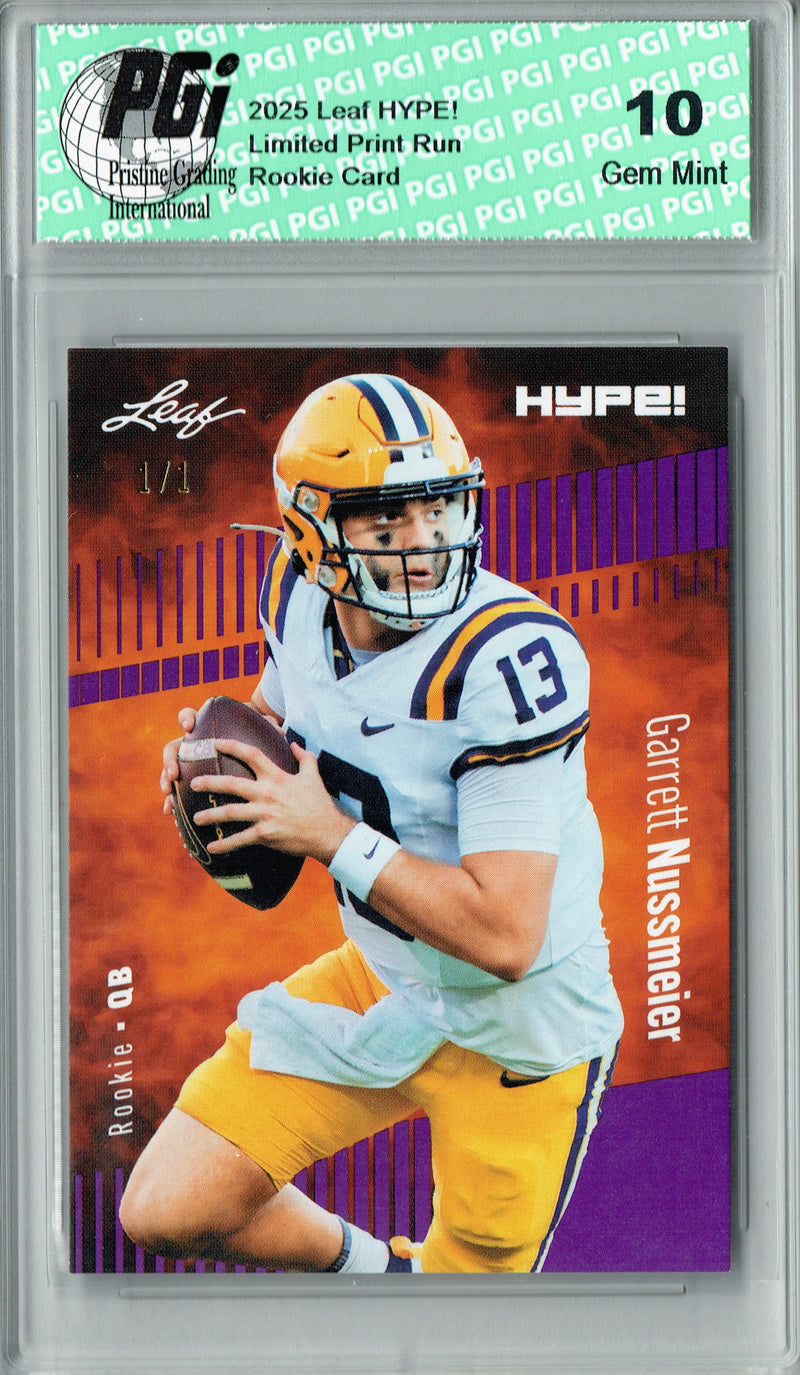 Garrett Nussmeier Rookie Card LSU / Kansas City PGI 10 Football Trading Card 2025 Leaf HYPE! #184 Purple Blank Back 1/1