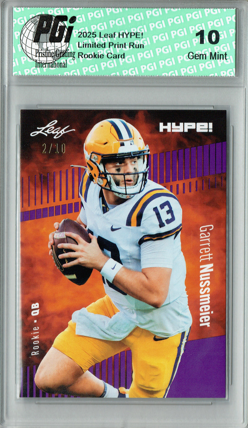 Garrett Nussmeier Rookie Card LSU / Kansas City PGI 10 Football Trading Card 2025 Leaf HYPE! #184 Purple 10 Made
