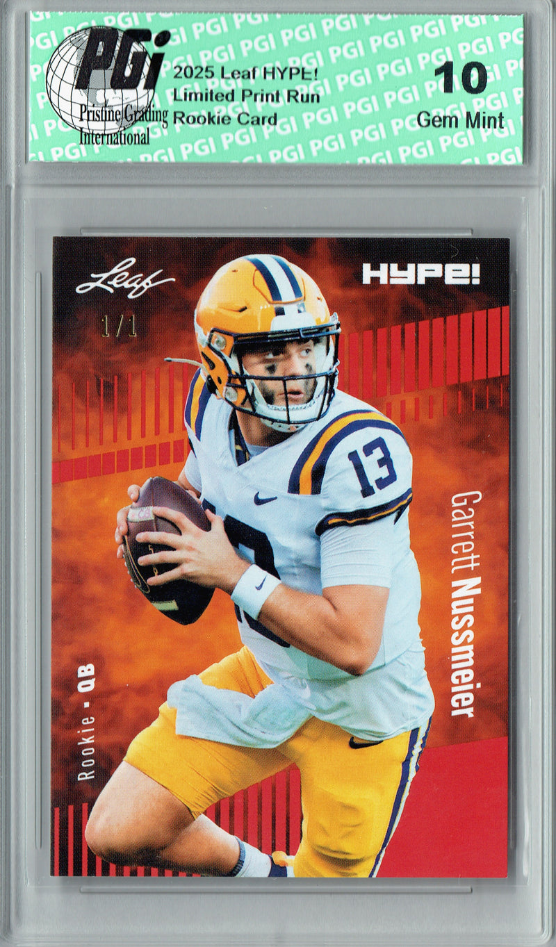 Garrett Nussmeier Rookie Card LSU / Kansas City PGI 10 Football Trading Card 2025 Leaf HYPE! #184 Red Blank Back 1/1