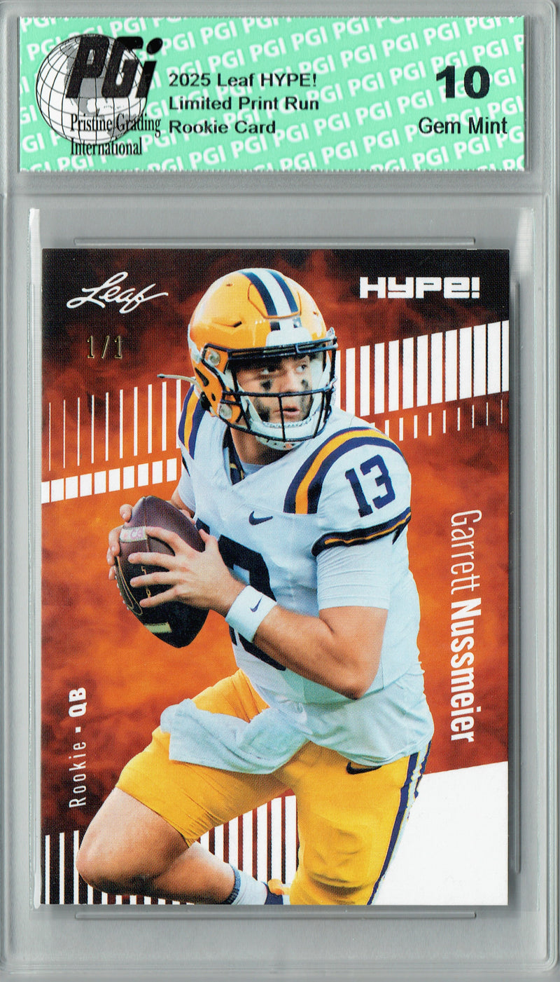Garrett Nussmeier Rookie Card LSU / Kansas City PGI 10 Football Trading Card 2025 Leaf HYPE! #184 White Blank Back 1/1