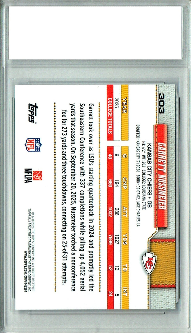 Garrett Nussmeier Rookie Card 2026 Topps #303 Flagship, PGI 10, Kansas City Chiefs Football