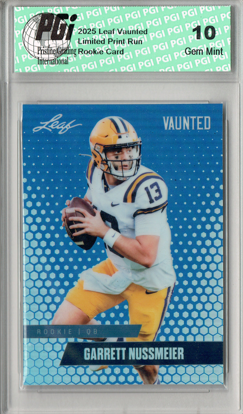 Garrett Nussmeier Rookie Card LSU / Kansas City PGI 10 Football Trading Card 2025 Leaf Vaunted Metal #VM-08 Blue 20 Made