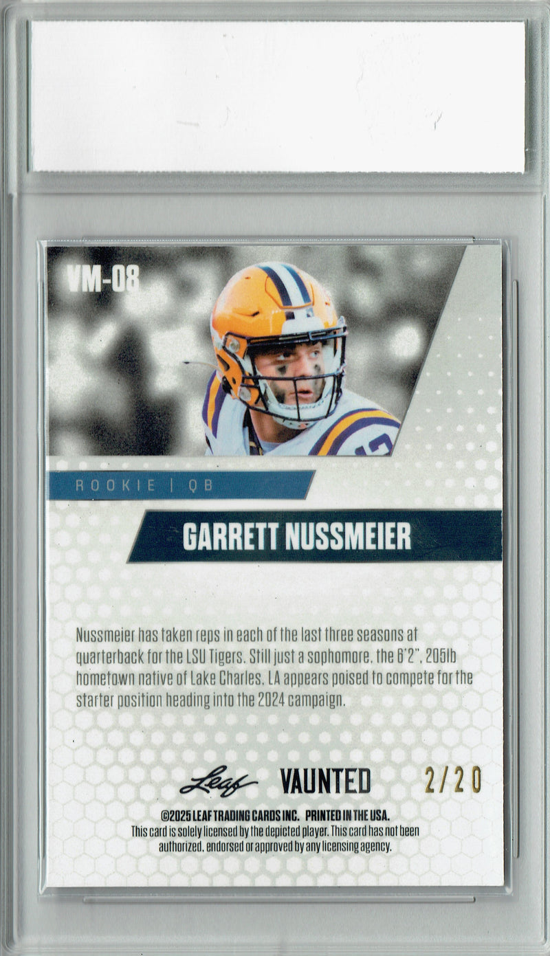 Garrett Nussmeier Rookie Card LSU / Kansas City Football Trading Card 2025 Leaf Vaunted Metal #VM-08 Blue 20 Made  Certified Mint+