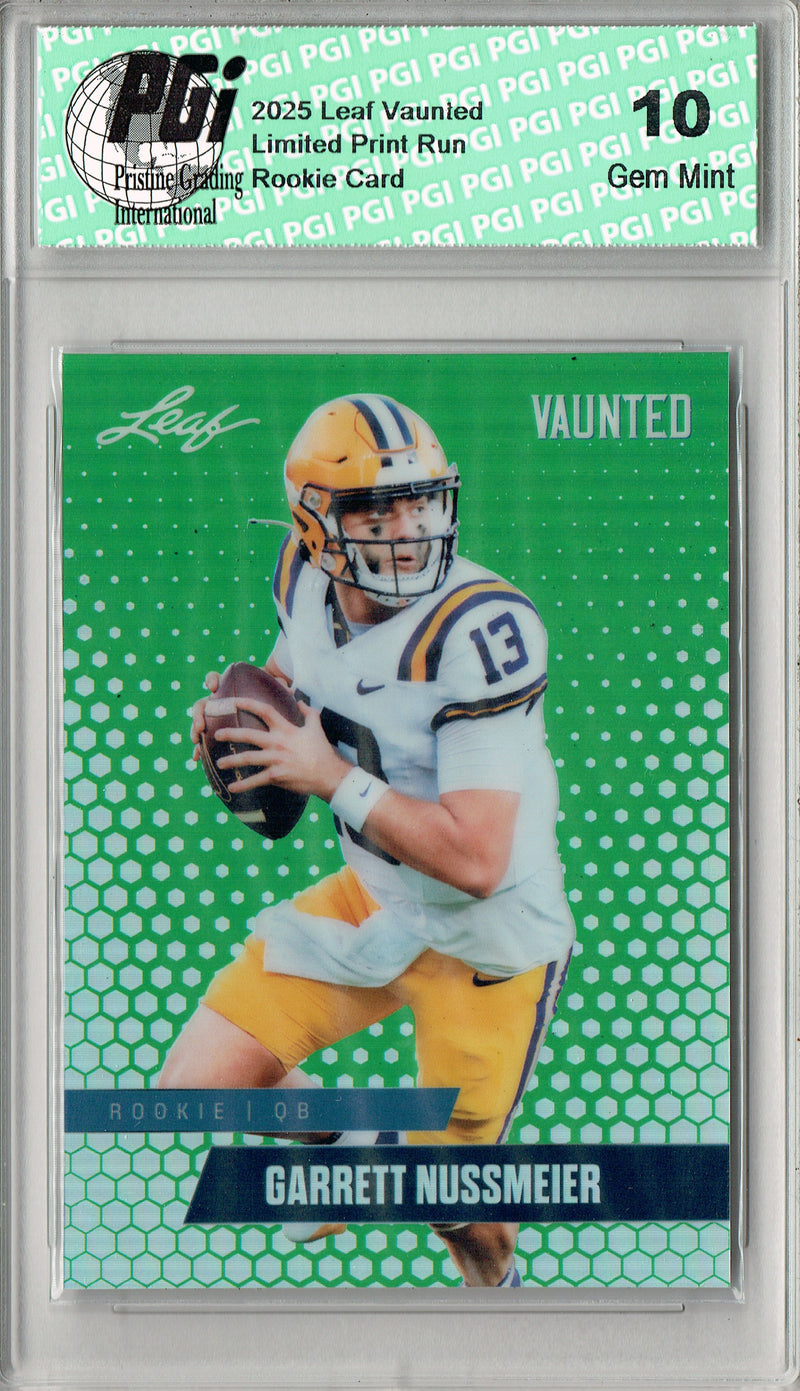 Garrett Nussmeier Rookie Card LSU / Kansas City PGI 10 Football Trading Card 2025 Leaf Vaunted Metal #VM-08 Green 5 Made