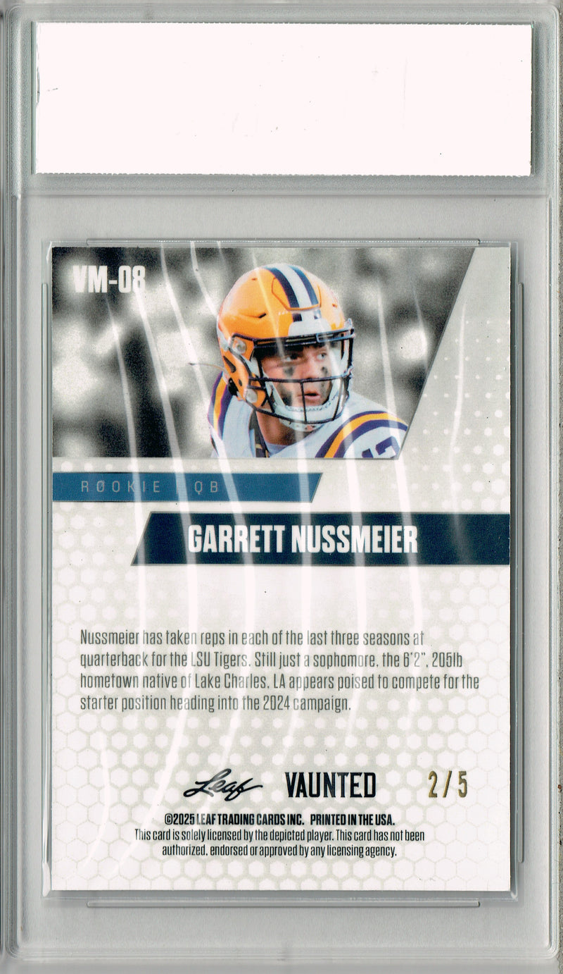 Garrett Nussmeier Rookie Card LSU / Kansas City PGI 10 Football Trading Card 2025 Leaf Vaunted Metal #VM-08 Green 5 Made