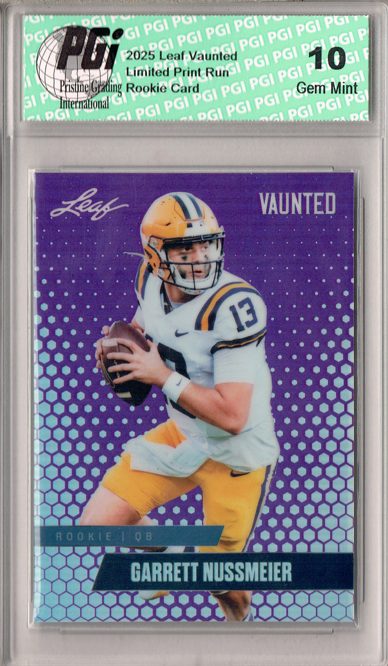 Garrett Nussmeier Rookie Card LSU / Kansas City PGI 10 Football Trading Card 2025 Leaf Vaunted Metal #VM-08 Purple 15 Made