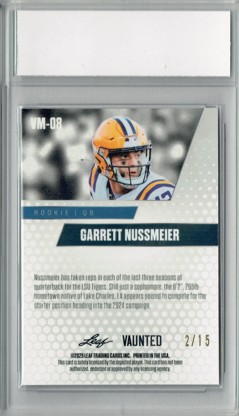 Garrett Nussmeier Rookie Card LSU / Kansas City PGI 10 Football Trading Card 2025 Leaf Vaunted Metal #VM-08 Purple 15 Made