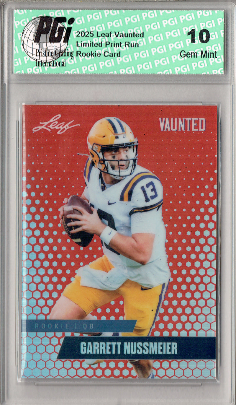 Garrett Nussmeier Rookie Card LSU / Kansas City PGI 10 Football Trading Card 2025 Leaf Vaunted Metal #VM-08 Red 2 Made