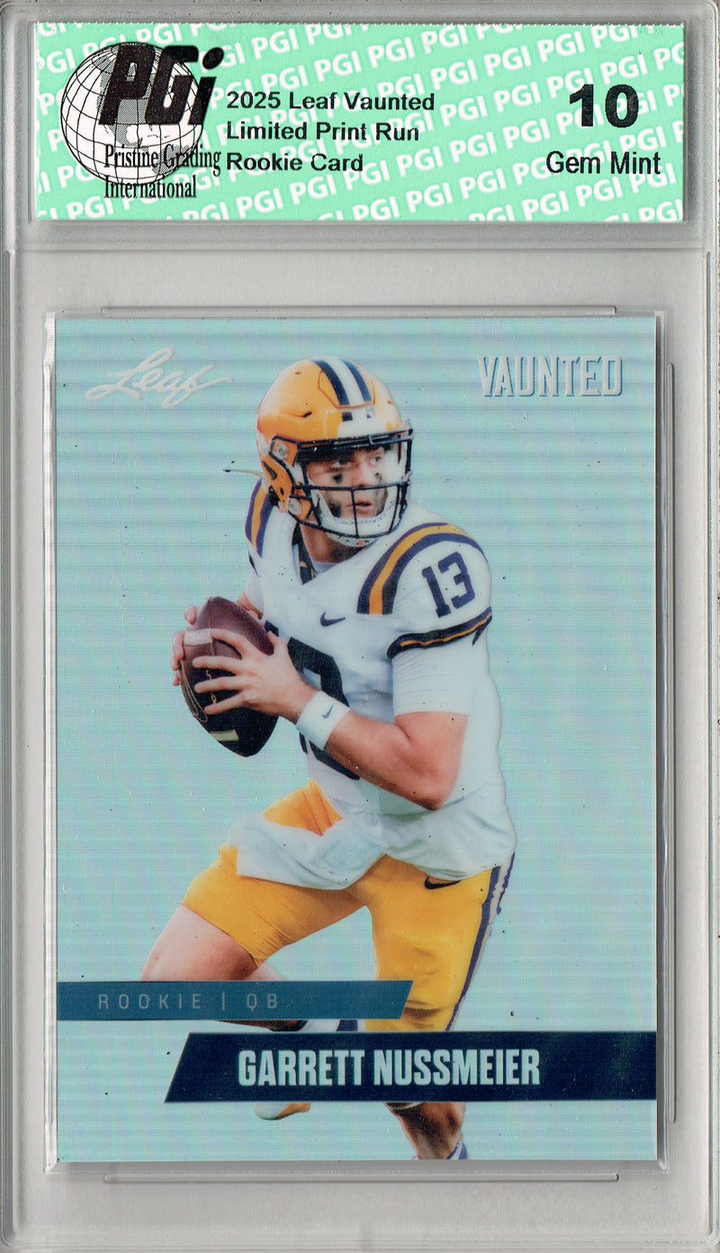 Garrett Nussmeier Rookie Card LSU / Kansas City PGI 10 Football Trading Card 2025 Leaf Vaunted Metal #VM-08 Silver 25 Made
