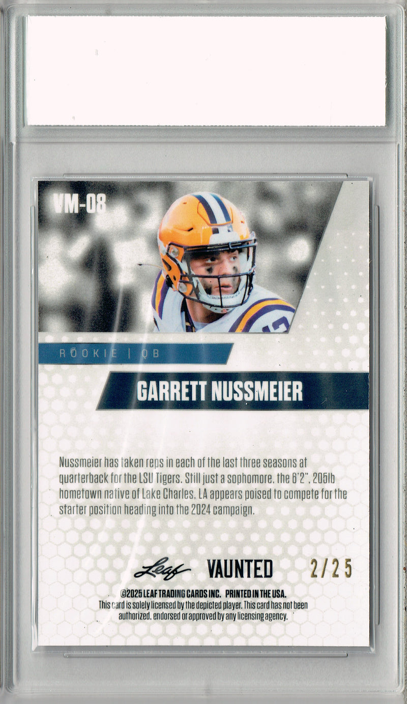 Garrett Nussmeier Rookie Card LSU / Kansas City PGI 10 Football Trading Card 2025 Leaf Vaunted Metal #VM-08 Silver 25 Made
