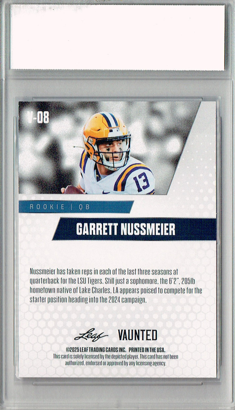 Garrett Nussmeier Rookie Card LSU / Kansas City PGI 10 Football Trading Card 2025 Leaf Vaunted #V-08 Purple Shimmer 1/1