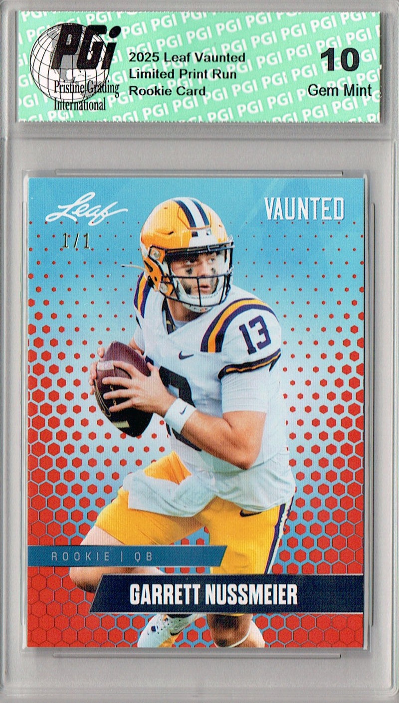 Garrett Nussmeier Rookie Card LSU / Kansas City PGI 10 Football Trading Card 2025 Leaf Vaunted #V-08 Orange Blank Back 1/1