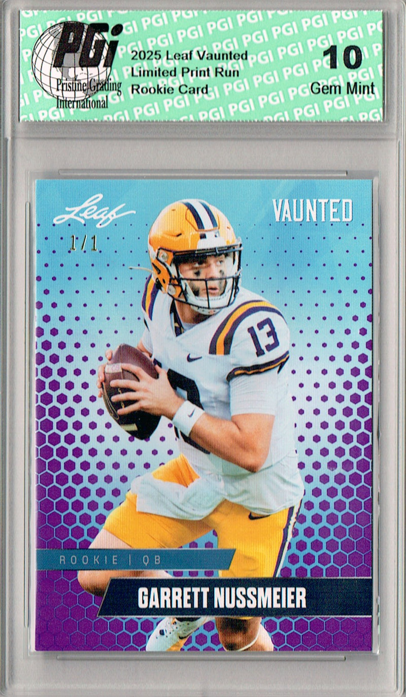 Garrett Nussmeier Rookie Card LSU / Kansas City PGI 10 Football Trading Card 2025 Leaf Vaunted #V-08 Purple Blank Back 1/1