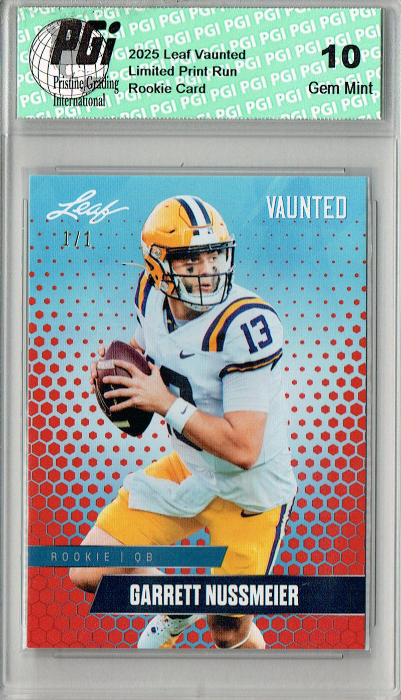 Garrett Nussmeier Rookie Card LSU / Kansas City PGI 10 Football Trading Card 2025 Leaf Vaunted #V-08 Red Blank Back 1/1