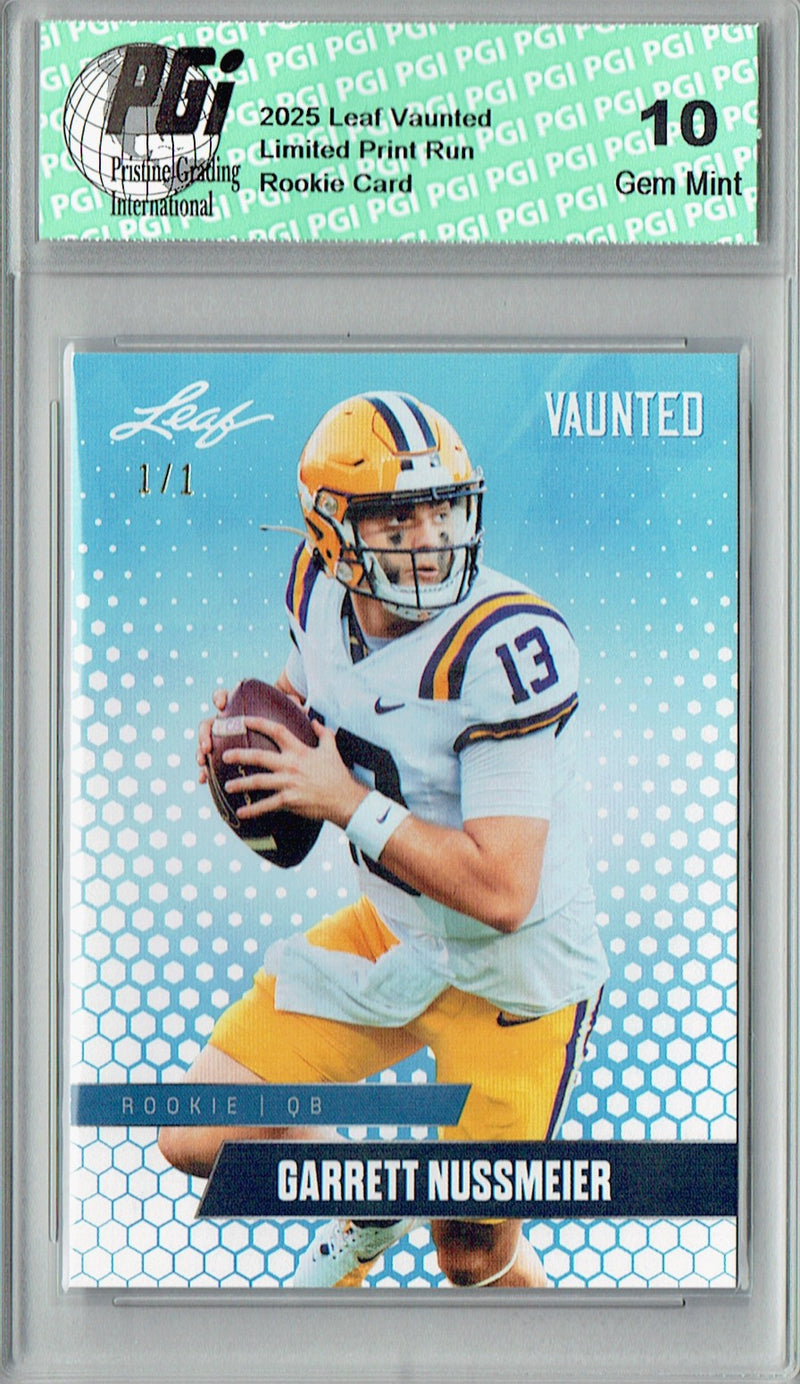 Garrett Nussmeier Rookie Card LSU / Kansas City PGI 10 Football Trading Card 2025 Leaf Vaunted #V-08 White Blank Back 1/1