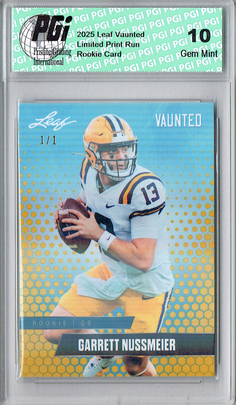 Garrett Nussmeier Rookie Card LSU / Kansas City PGI 10 Football Trading Card 2025 Leaf Vaunted #V-08 Gold Shimmer 1/1